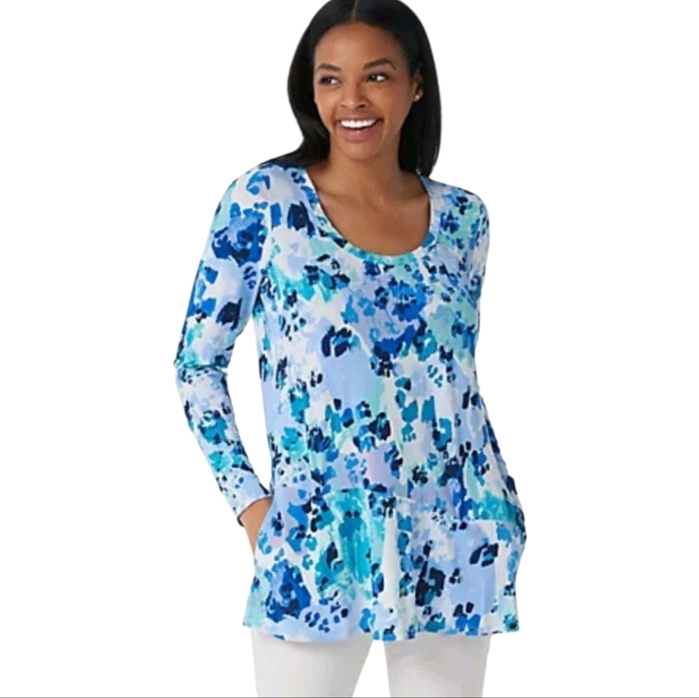 LOGO by Lori Goldstein Blue Fitted Long Sleeve Pocket Blouse Size Small
